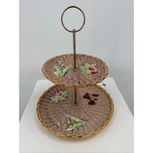 Vintage Ceramic 2-Tier Serving Tray Stand‎ Basketweave Vegetable Motif Country